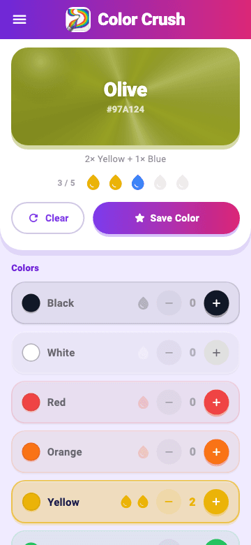 Color Crush — 2 yellow + 1 blue → Olive