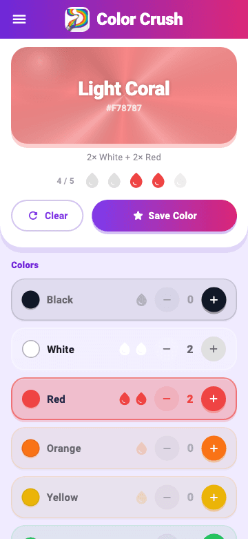 Color Crush — 2 white + 2 red → Light Coral