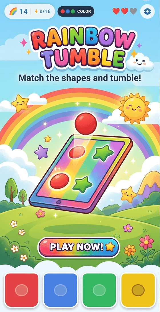 Rainbow Tumble key art — shapes tumbling toward four coloured buckets