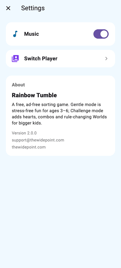 Rainbow Tumble — Settings